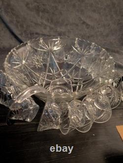 Vintage Early American Precut Arlington Pattern Glass Punch Bowl With 28 Cups