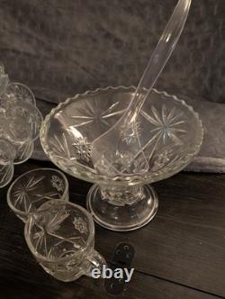 Vintage Early American Precut Arlington Pattern Glass Punch Bowl With 28 Cups