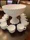 Vintage Early Imperial Milk Glass Grape Punch Bowl Set With10 Cups