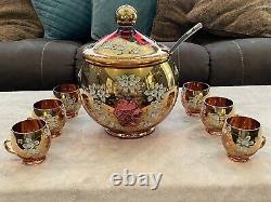 Vintage Egermann Moser Bohemian Ruby Enamel Glass Punch Bowl Set Complete