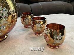 Vintage Egermann Moser Bohemian Ruby Enamel Glass Punch Bowl Set Complete
