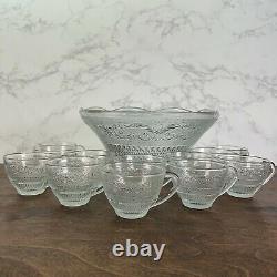 Vintage Embossed Glass Punch Bowl with 12 Cups KIG Malaysia Fleur-de-Lis