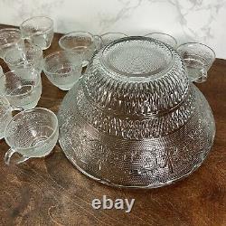 Vintage Embossed Glass Punch Bowl with 12 Cups KIG Malaysia Fleur-de-Lis