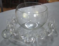 Vintage Etched Starburst Large Clear Glass Punch Set Bowl 11 glasses + Ladle