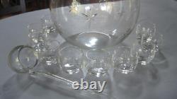 Vintage Etched Starburst Large Clear Glass Punch Set Bowl 11 glasses + Ladle