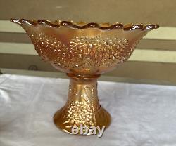 Vintage FENTON Carnival Glass ORANGE TREE Punch Bowl with Base & 5 Cups MARIGOLD