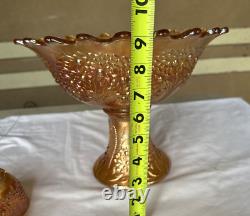 Vintage FENTON Carnival Glass ORANGE TREE Punch Bowl with Base & 5 Cups MARIGOLD