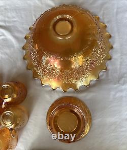 Vintage FENTON Carnival Glass ORANGE TREE Punch Bowl with Base & 5 Cups MARIGOLD