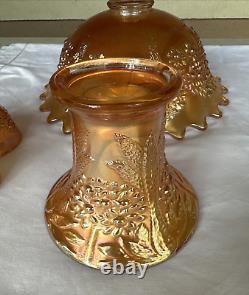 Vintage FENTON Carnival Glass ORANGE TREE Punch Bowl with Base & 5 Cups MARIGOLD