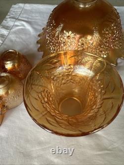 Vintage FENTON Carnival Glass ORANGE TREE Punch Bowl with Base & 5 Cups MARIGOLD