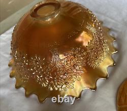 Vintage FENTON Carnival Glass ORANGE TREE Punch Bowl with Base & 5 Cups MARIGOLD