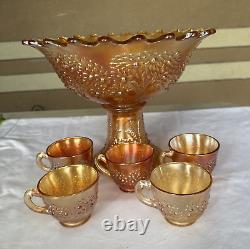 Vintage FENTON Carnival Glass ORANGE TREE Punch Bowl with Base & 6 Cups MARIGOLD