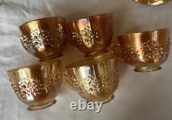 Vintage FENTON Carnival Glass ORANGE TREE Punch Bowl with Base & 6 Cups MARIGOLD