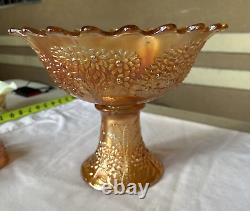 Vintage FENTON Carnival Glass ORANGE TREE Punch Bowl with Base & 6 Cups MARIGOLD