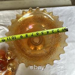 Vintage FENTON Carnival Glass ORANGE TREE Punch Bowl with Base & 6 Cups MARIGOLD
