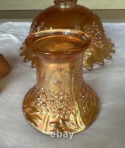 Vintage FENTON Carnival Glass ORANGE TREE Punch Bowl with Base & 6 Cups MARIGOLD