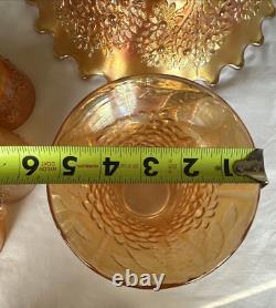 Vintage FENTON Carnival Glass ORANGE TREE Punch Bowl with Base & 6 Cups MARIGOLD