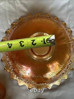 Vintage FENTON Carnival Glass ORANGE TREE Punch Bowl with Base & 6 Cups MARIGOLD