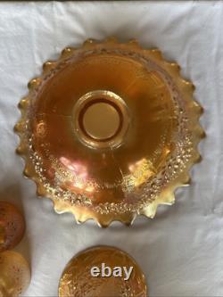 Vintage FENTON Carnival Glass ORANGE TREE Punch Bowl with Base & 6 Cups MARIGOLD
