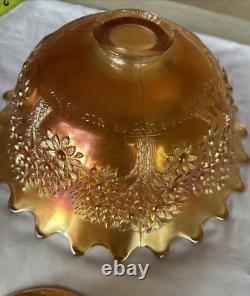 Vintage FENTON Carnival Glass ORANGE TREE Punch Bowl with Base & 6 Cups MARIGOLD