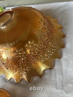 Vintage FENTON Carnival Glass ORANGE TREE Punch Bowl with Base & 6 Cups MARIGOLD