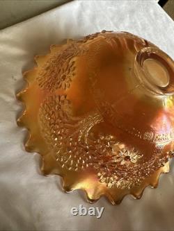 Vintage FENTON Carnival Glass ORANGE TREE Punch Bowl with Base & 6 Cups MARIGOLD