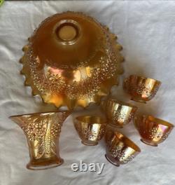 Vintage FENTON Carnival Glass ORANGE TREE Punch Bowl with Base & 6 Cups MARIGOLD