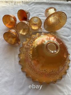 Vintage FENTON Carnival Glass ORANGE TREE Punch Bowl with Base & 6 Cups MARIGOLD