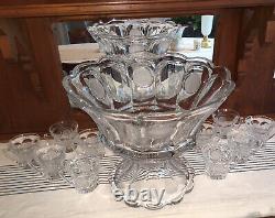 Vintage FOSTORIA COIN CRYSTAL PUNCH BOWL-14 1/2, BASE-9 1/4 & 12 CUPS-3 3/8