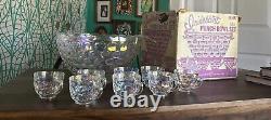 Vintage Federal Glass Iridescent Rainbow Hued Thumbprint Punch Bowl Set