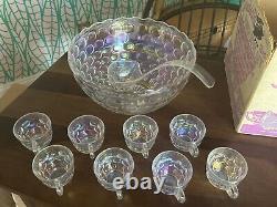 Vintage Federal Glass Iridescent Rainbow Hued Thumbprint Punch Bowl Set