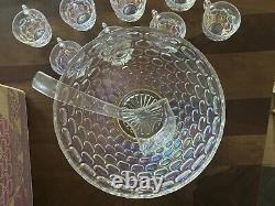 Vintage Federal Glass Iridescent Rainbow Hued Thumbprint Punch Bowl Set