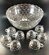 Vintage Federal Glass Iridescent Thumbprint Punch Bowl with 8 cups