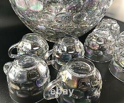 Vintage Federal Glass Iridescent Thumbprint Punch Bowl with 8 cups