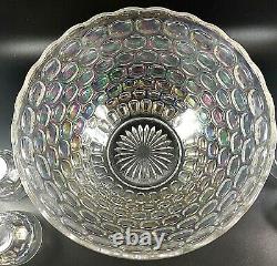 Vintage Federal Glass Iridescent Thumbprint Punch Bowl with 8 cups