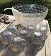 Vintage Federal Glass Iridescent Thumbprint Punch Bowl with 8 cups Gorgeous