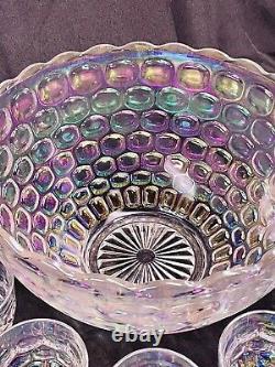 Vintage Federal Glass Iridescent Thumbprint Punch Bowl with 8 cups MINT