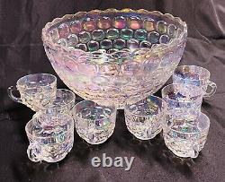 Vintage Federal Glass Iridescent Thumbprint Punch Bowl with 8 cups MINT