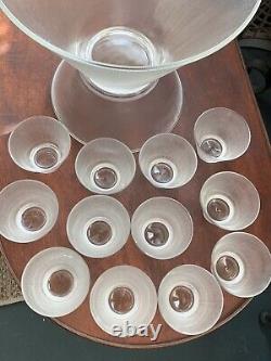 Vintage Federal Glass Norse Fine Ribbed Prismatic Punch Bowl & 12 Glasses