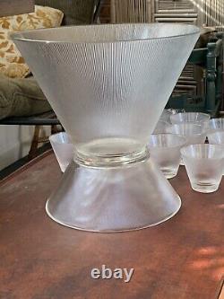 Vintage Federal Glass Norse Fine Ribbed Prismatic Punch Bowl & 12 Glasses