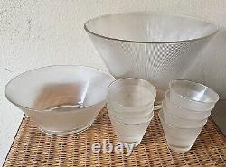 Vintage Federal Glass Norse Fine Ribbed Prismatic Punch Bowl (2 Bowls) & 6 Glass