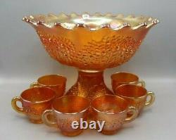 Vintage Fenton Carnival Glass Dark Marigold Orange Tree 8pc Punch Bowl & Cup Set