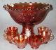 Vintage Fenton Carnival Glass Punch Bowl & Base & 6 Cups Marigold Orange Tree