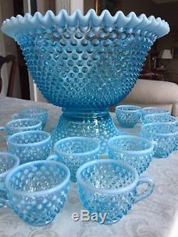 Vintage Fenton Hobnail Aqua Blue Opalescent Punch Set, Bowl + Stand + 12 glasses