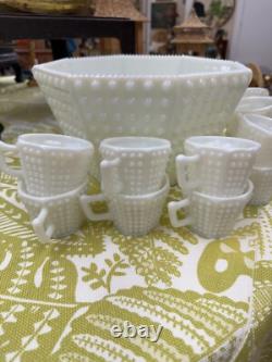 Vintage Fenton Hobnail Milk Glass Octagon Punch Bowl Set, Rare, Excellent Cond