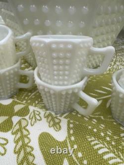 Vintage Fenton Hobnail Milk Glass Octagon Punch Bowl Set, Rare, Excellent Cond