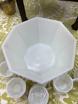 Vintage Fenton Hobnail Milk Glass Octagon Punch Bowl Set, Rare, Excellent Cond