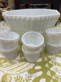 Vintage Fenton Hobnail Milk Glass Octagon Punch Bowl Set, Rare, Excellent Cond