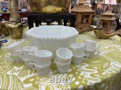 Vintage Fenton Hobnail Milk Glass Octagon Punch Bowl Set, Rare, Excellent Cond