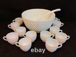 Vintage Fenton Hobnail Milk Glass Punch Bowl 12 Cups Ladle Set EXCELLENT